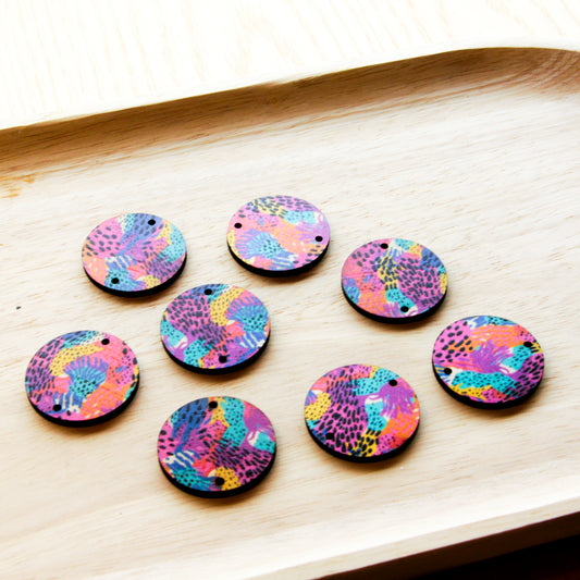 Wood - 3cm Circle - 2 hole - Natural print in Summer - 19