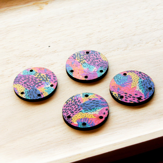 Wood - 3cm Circle - 4 hole - Natural print in Summer - 19