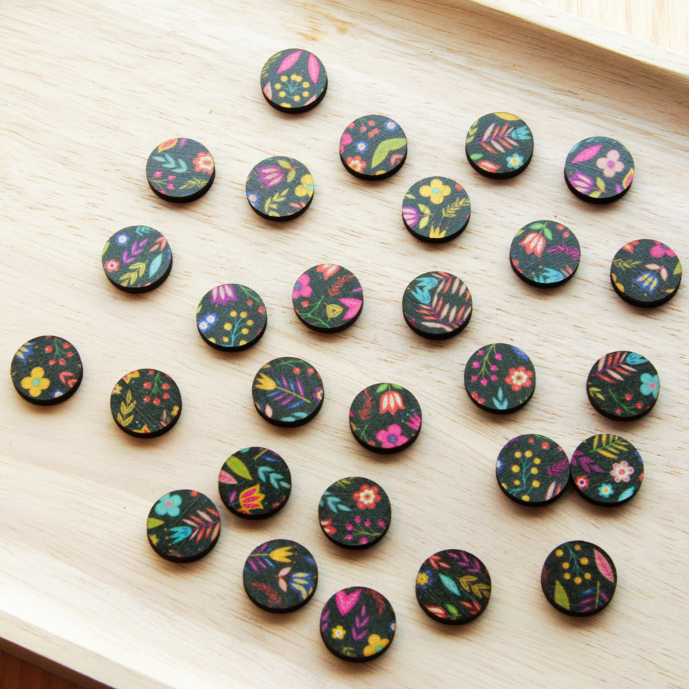 Wood - 15mm Circle- Studs - Transparent print - Mexican Floral - 01