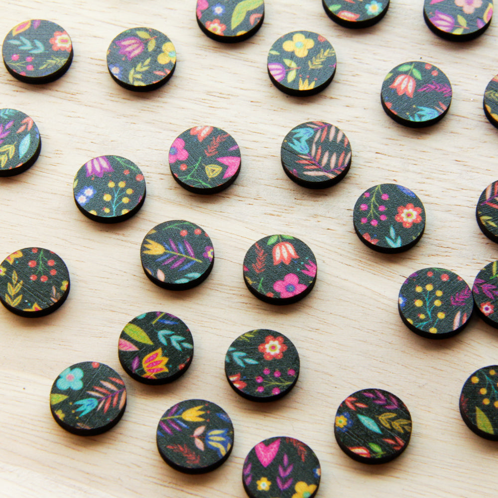Wood - 15mm Circle- Studs - Transparent print - Mexican Floral - 01