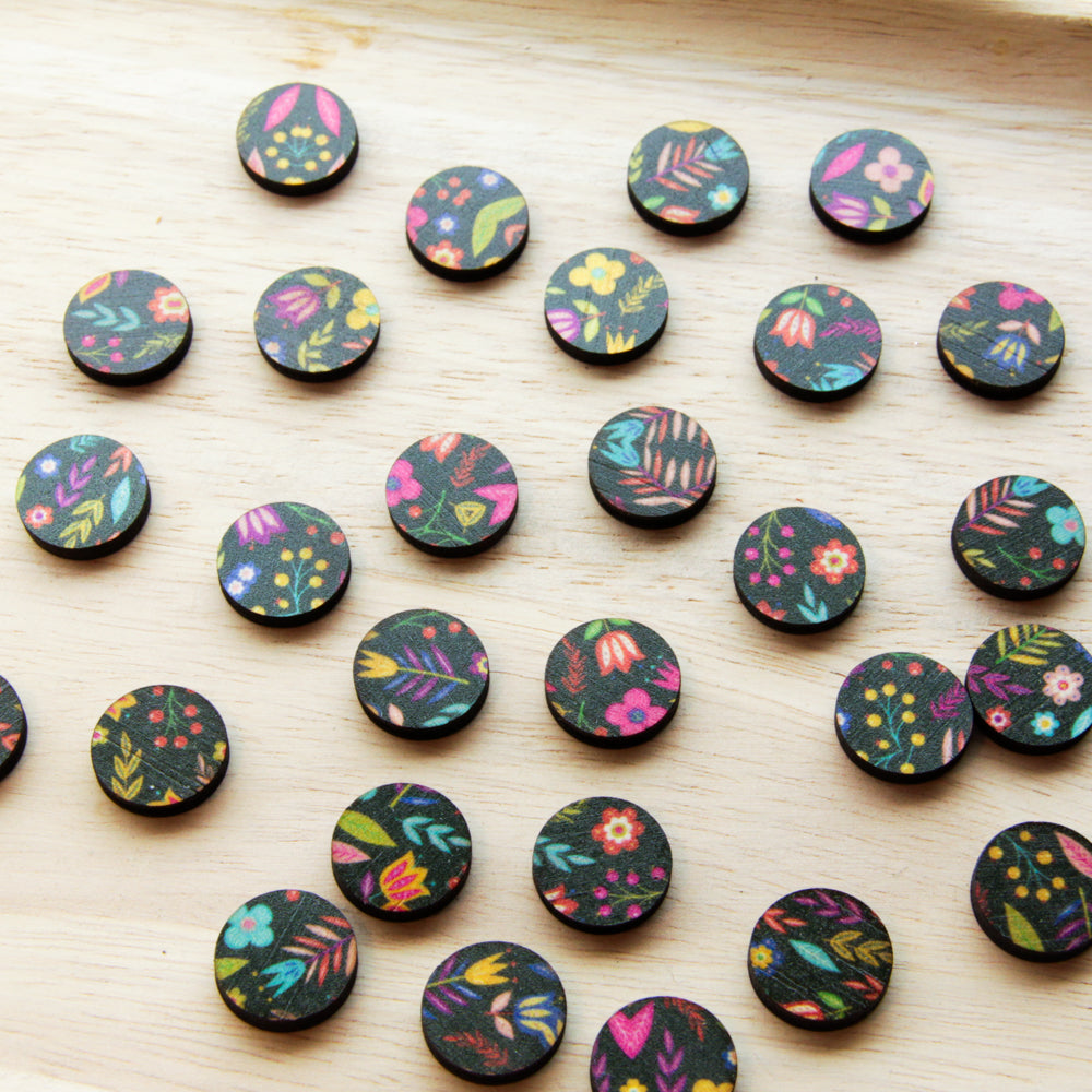 Wood - 15mm Circle- Studs - Transparent print - Mexican Floral - 01
