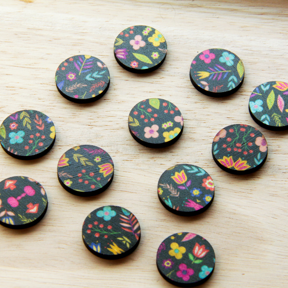 Wood - 20mm Circle- Studs - Transparent print - Mexican Floral - 01