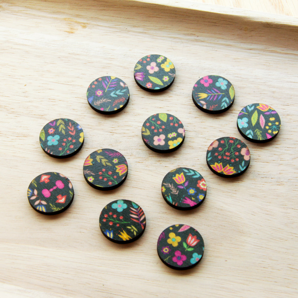 Wood - 20mm Circle- Studs - Transparent print - Mexican Floral - 01