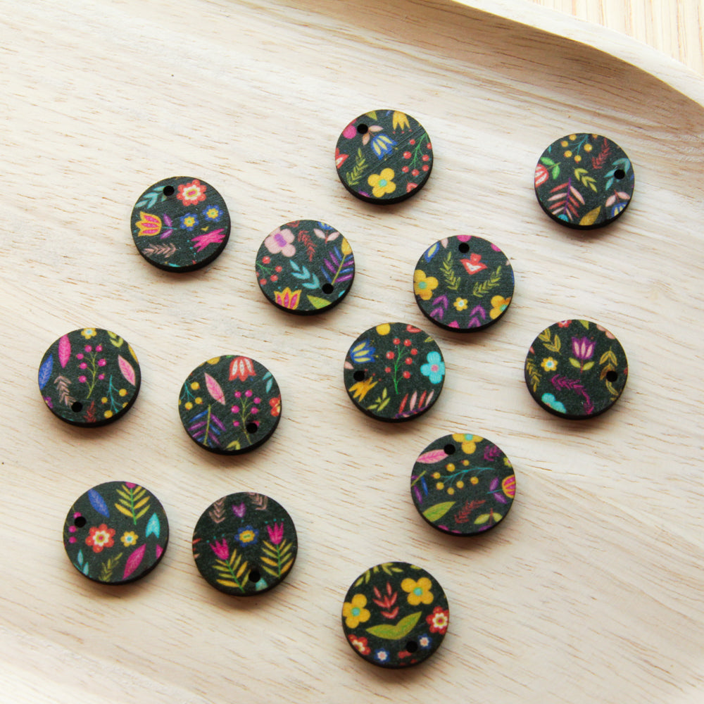 Wood - 20mm Circle- 1 Hole - Transparent print - Mexican Floral - 01