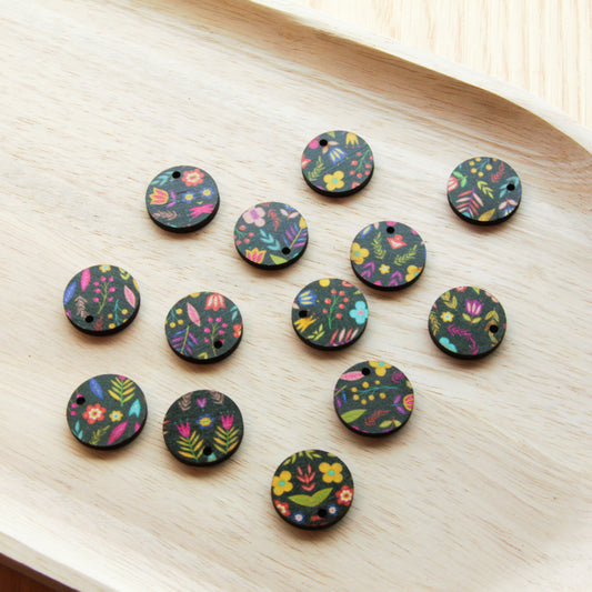Wood - 20mm Circle- 1 Hole - Transparent print - Mexican Floral - 01