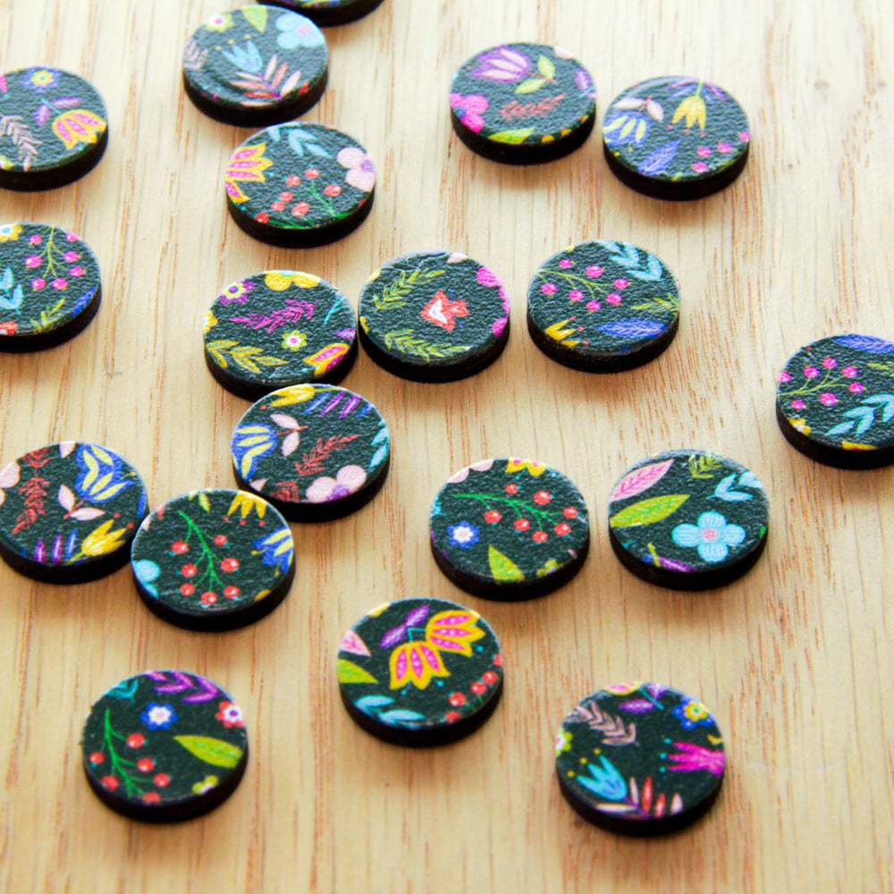 Wood - 15mm Circle- Studs - Mexican Floral - 01