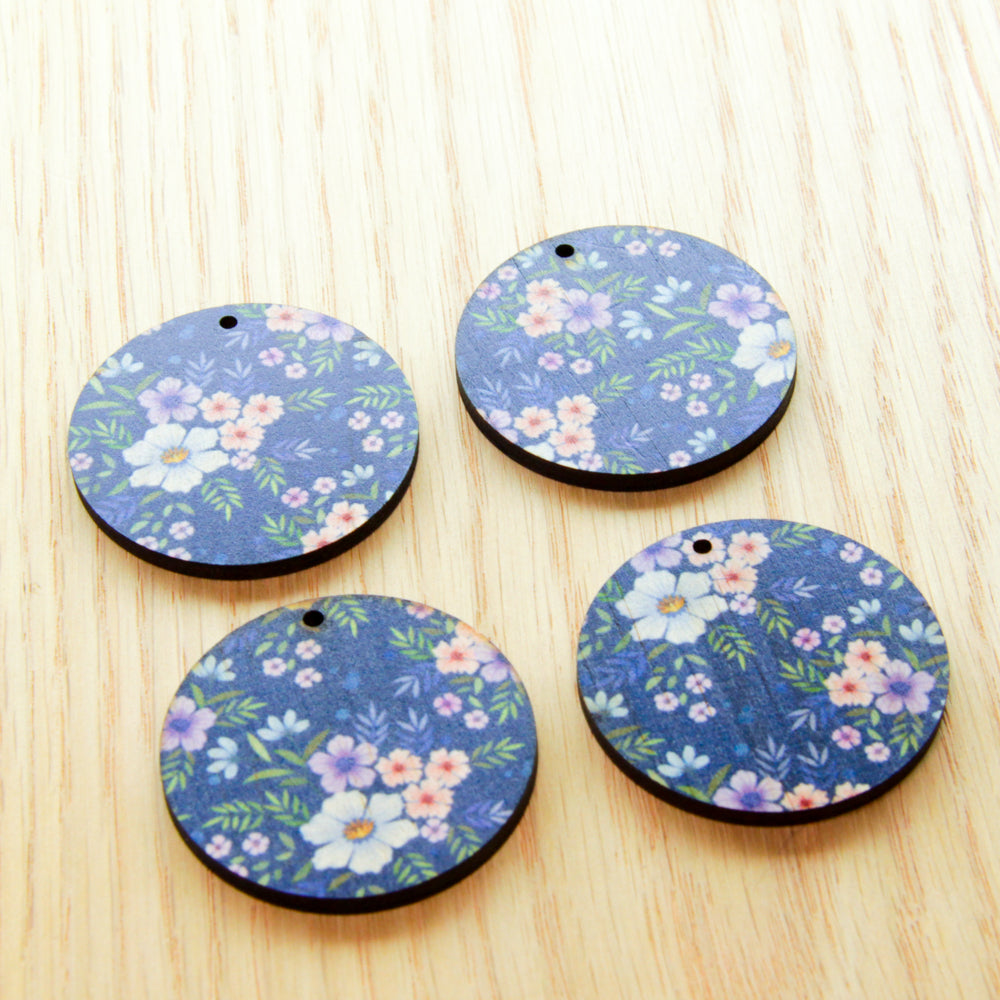 Wood - 4cm Circle - 1 Hole - Transparent print - Floral Garden - 48