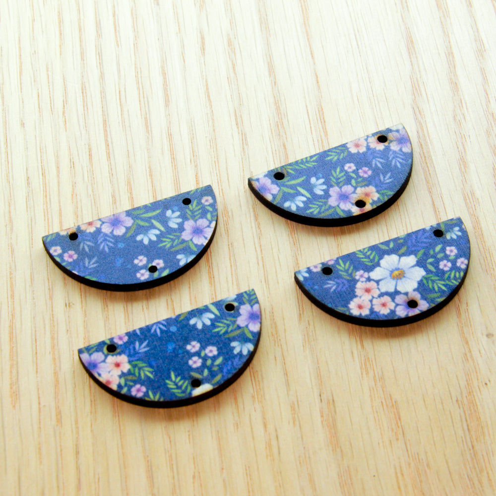 Wood - 4cm Semi Circle - 3 Holes - Transparent print - Floral Garden - 48