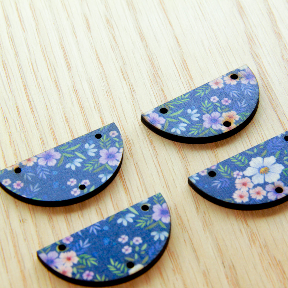 Wood - 4cm Semi Circle - 3 Holes - Transparent print - Floral Garden - 48