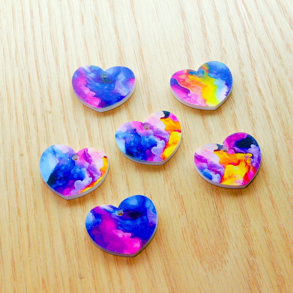 White Acrylic- 3cm Heart - 1 Hole  - Alcohol Ink - 22