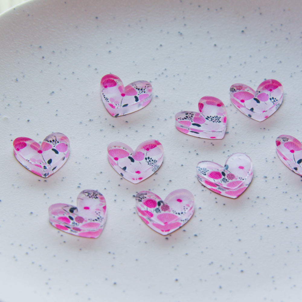 Clear Acrylic - 1.5cm Heart 2 - Studs - Abstract Floral - 31
