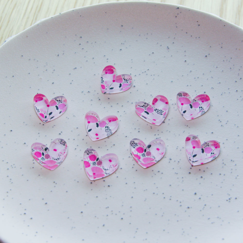 Clear Acrylic - 1.5cm Heart 2 - Studs - Abstract Floral - 31