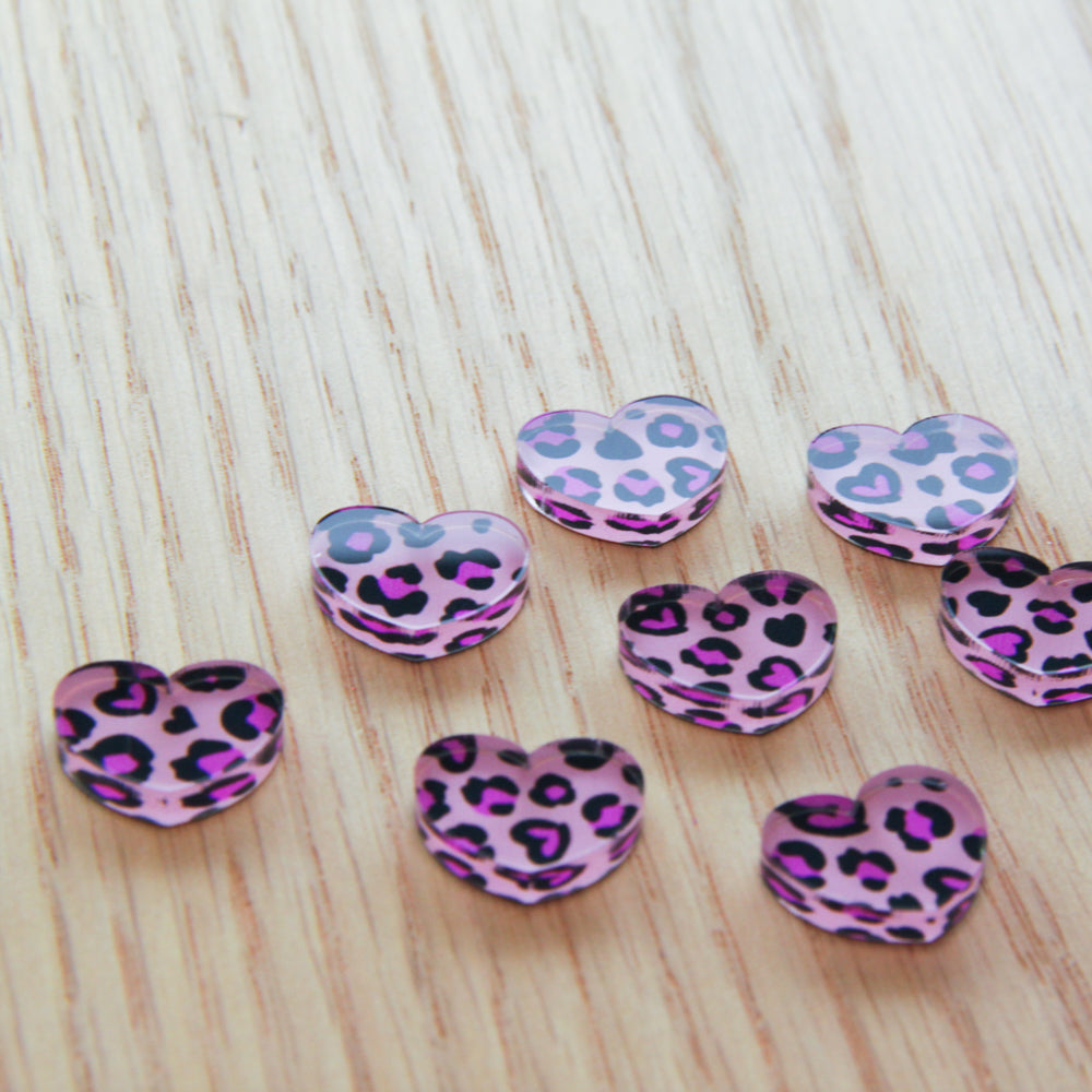 Clear Acrylic - 1.5cm Heart - Studs - Heart Leopard - 01