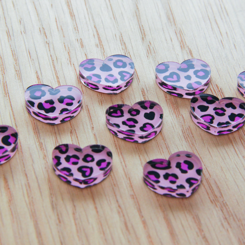 Clear Acrylic - 1.5cm Heart - Studs - Heart Leopard - 01