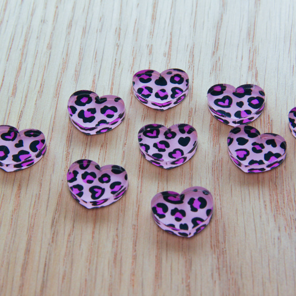Clear Acrylic - 1.5cm Heart - Studs - Heart Leopard - 01
