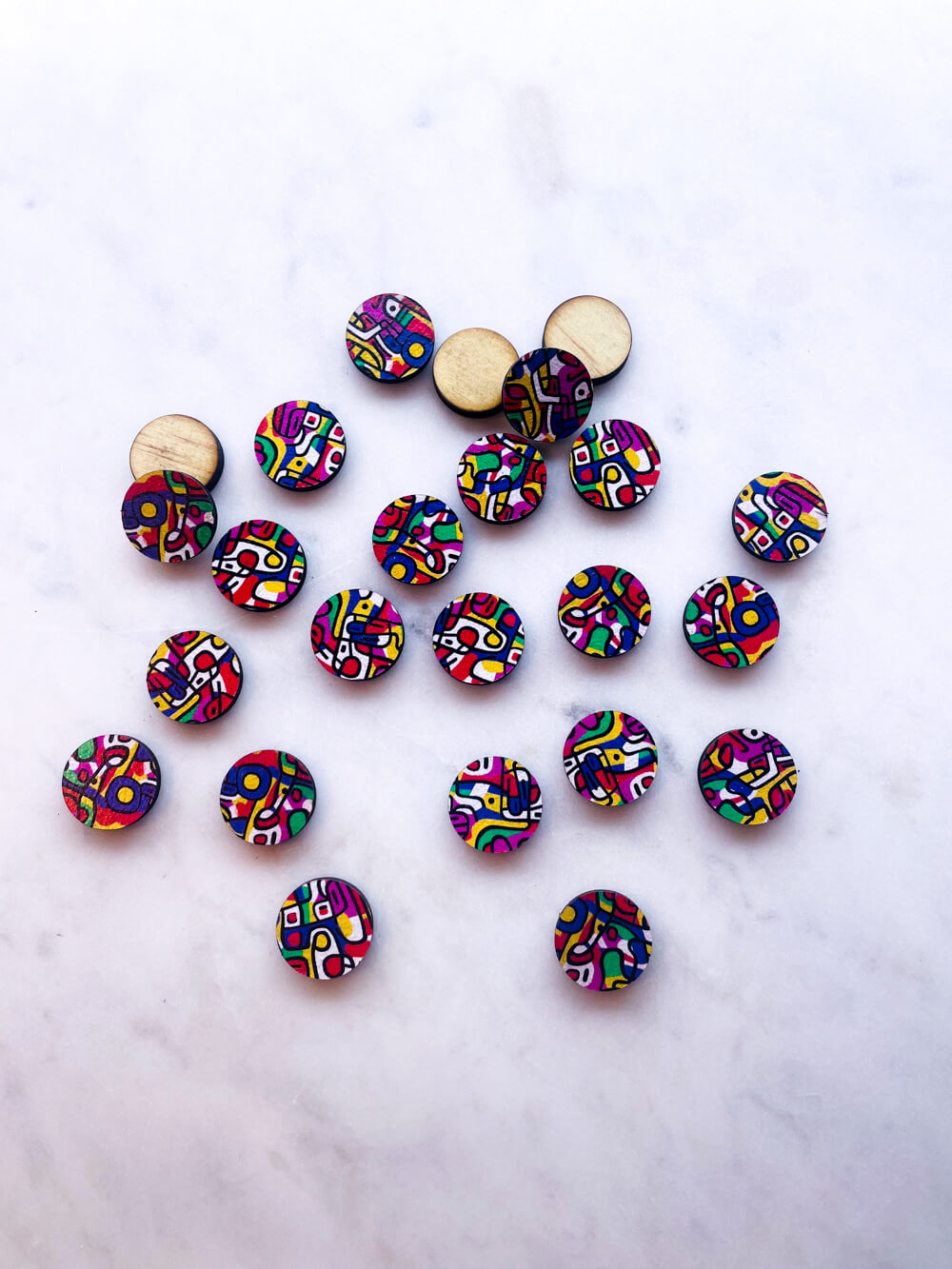 Wood - 15mm Circle- Studs - Abstract Art - 56