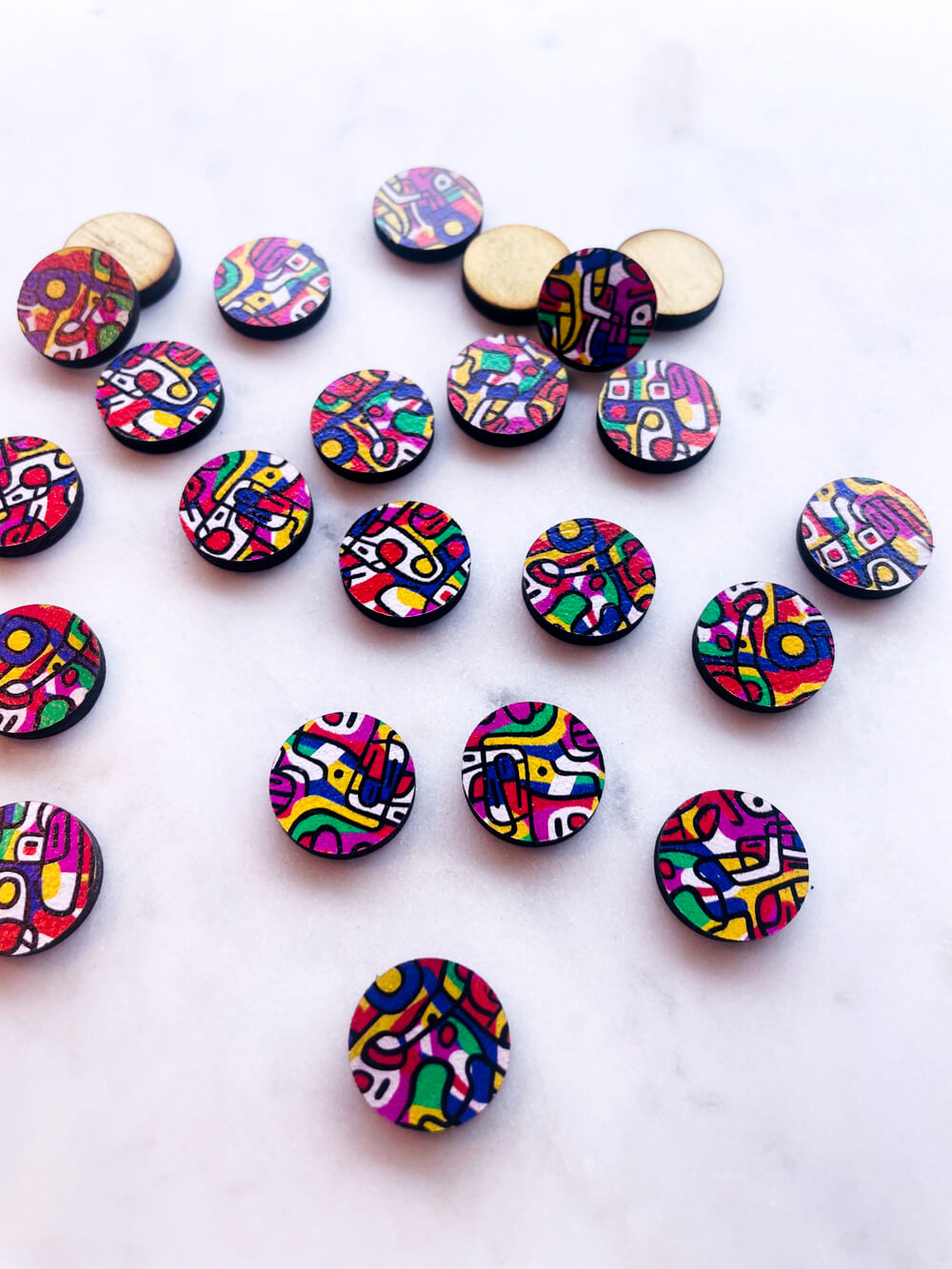 Wood - 15mm Circle- Studs - Abstract Art - 56