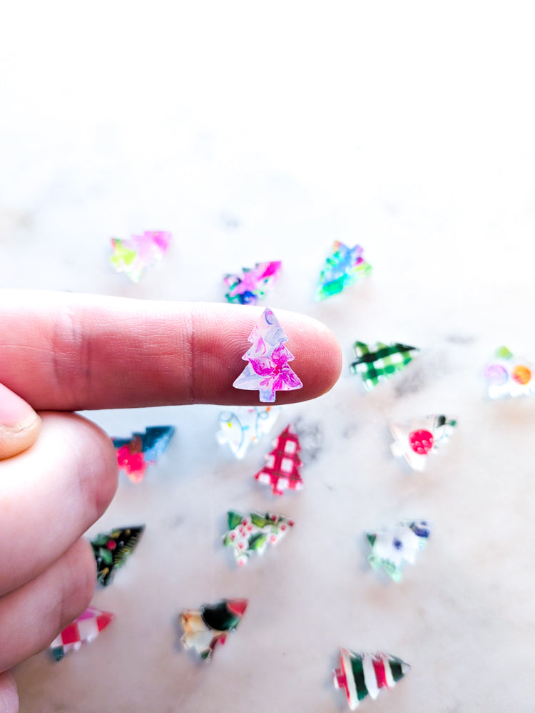 15mm Christmas Tree Studs -  Bright Christmas - Mixed Bag -  Clear Acrylic (10 pairs)