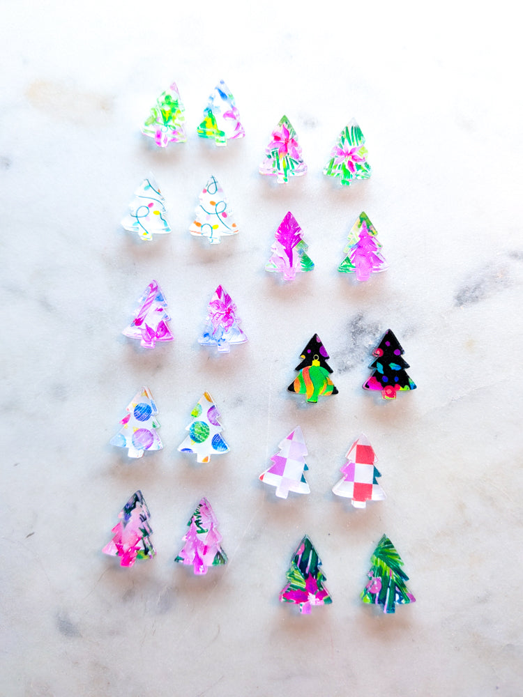 15mm Christmas Tree Studs -  Bright Christmas - Mixed Bag -  Clear Acrylic (10 pairs)