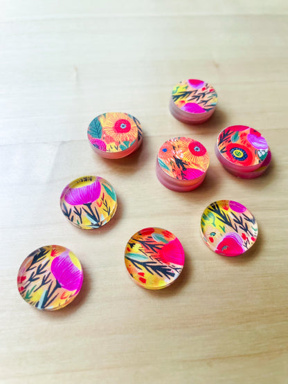 1.5cm Circle - Studs- Clear Acrylic - Bold Floral - 74