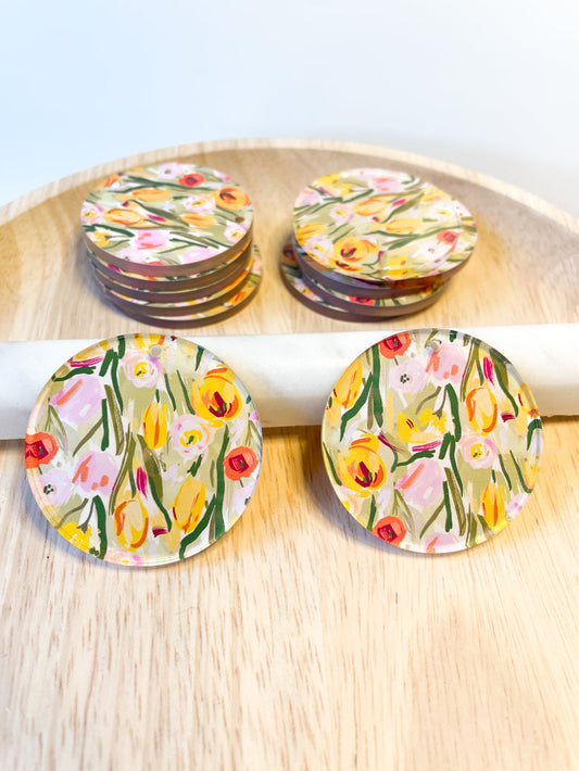 4cm Circle -  Clear Acrylic - 1 Hole - Floral Garden - 52