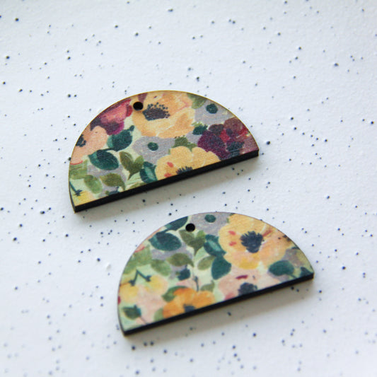 Wood - 4cm Semi Circle - 1 Hole - Transparent print - Floral Garden - 51
