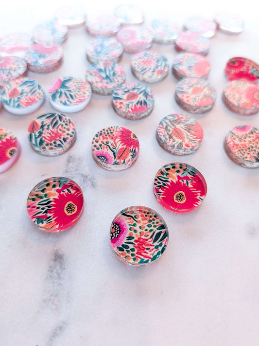 Clear Acrylic - 1.5cm Circle - Stud - Bold Floral - 67