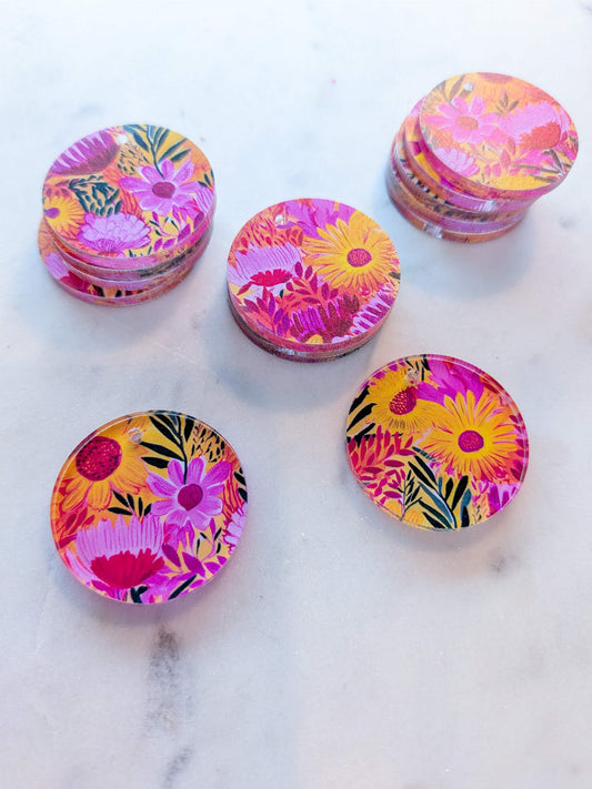 Clear Acrylic - 3cm Circle - Bold Floral - 70