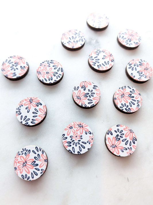 Wood - 15mm Circle- Studs - Abstract Floral - 45