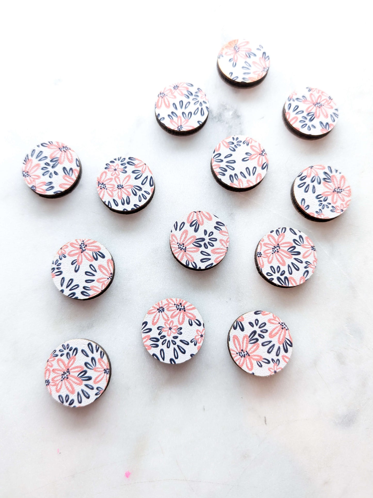 Wood - 15mm Circle- Studs - Abstract Floral - 45
