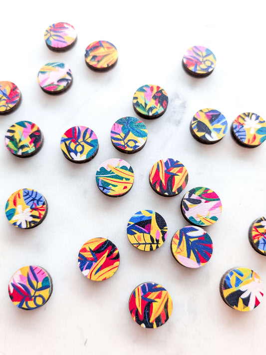 Wood - 12mm Circle- Studs - Bold Floral - 26