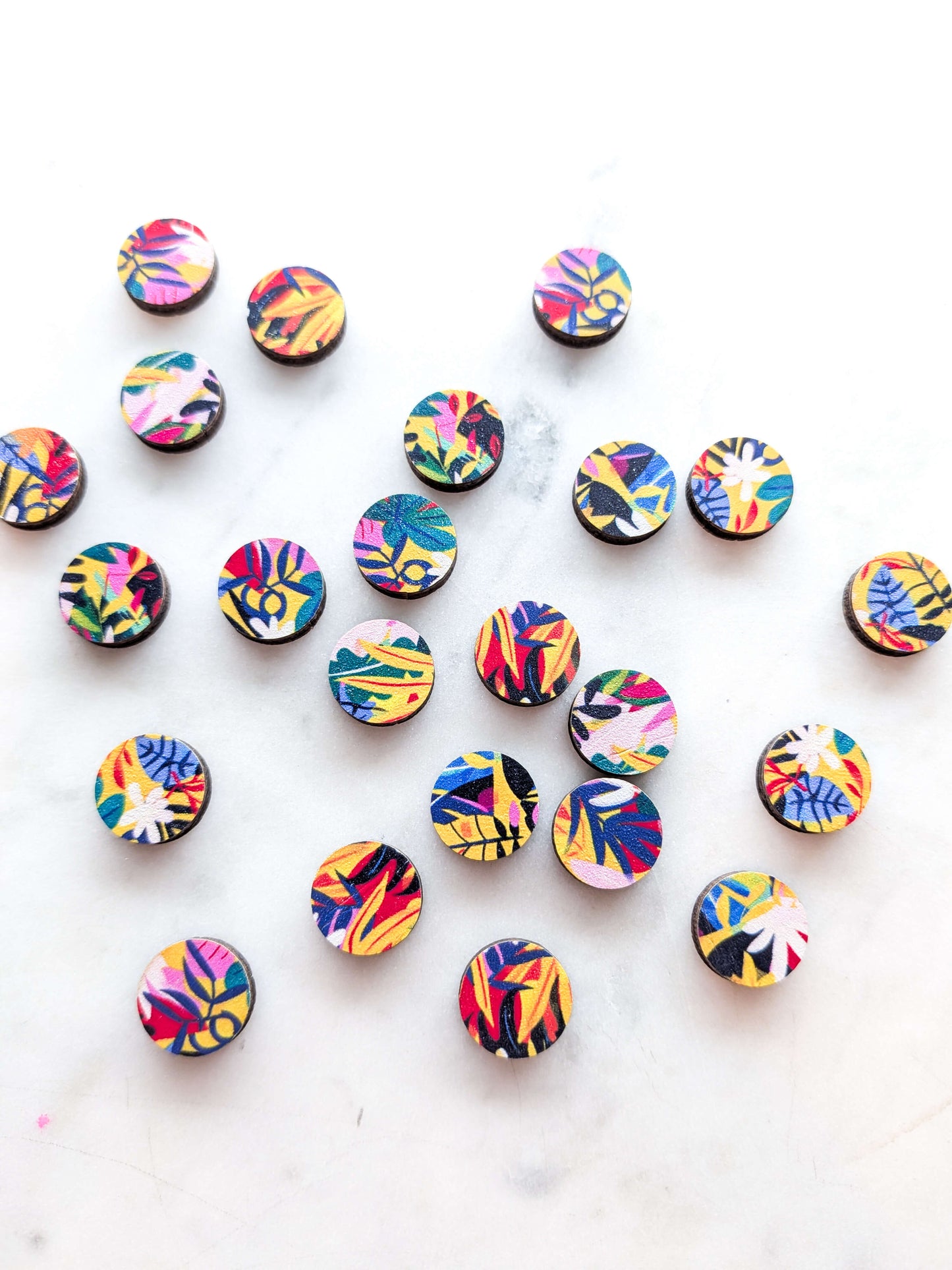 Wood - 12mm Circle- Studs - Bold Floral - 26