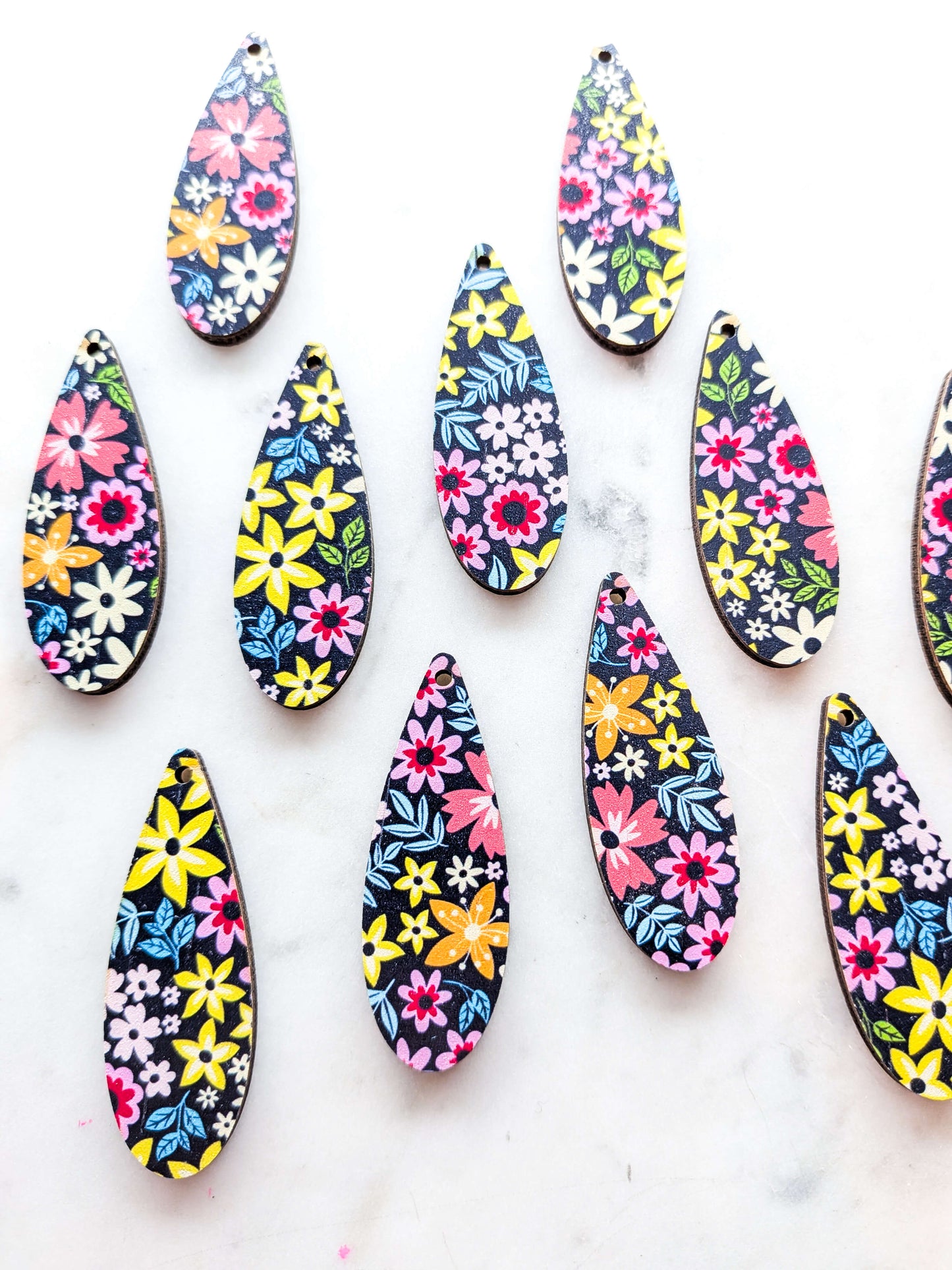 Wood - 5cm  Skinny Teardrop -  Floral Garden - 11