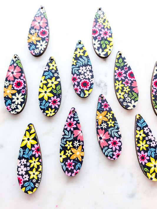 Wood - 5cm  Skinny Teardrop -  Floral Garden - 11